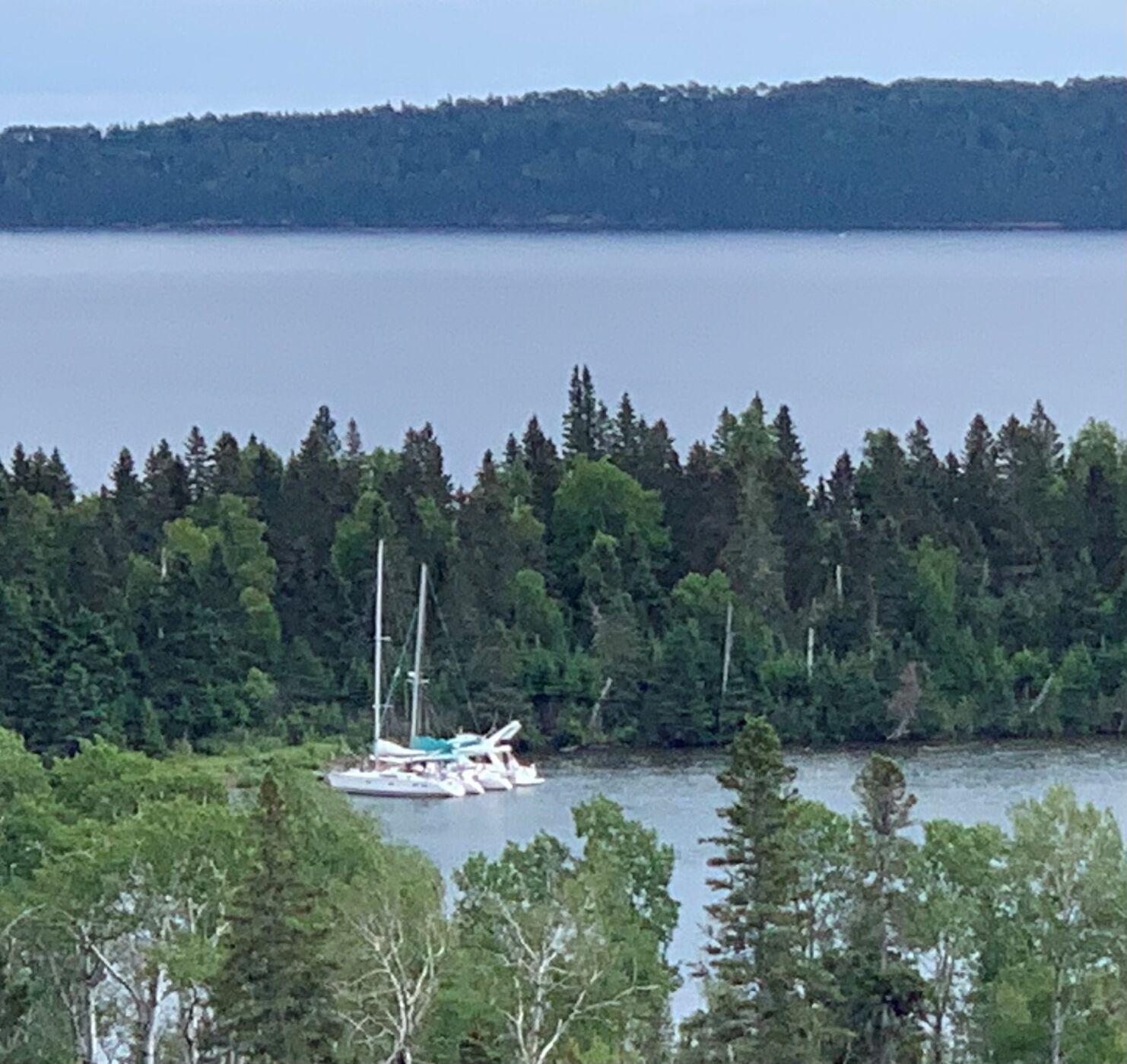 Sailboats moored at Hay Bay on Isle Royale.